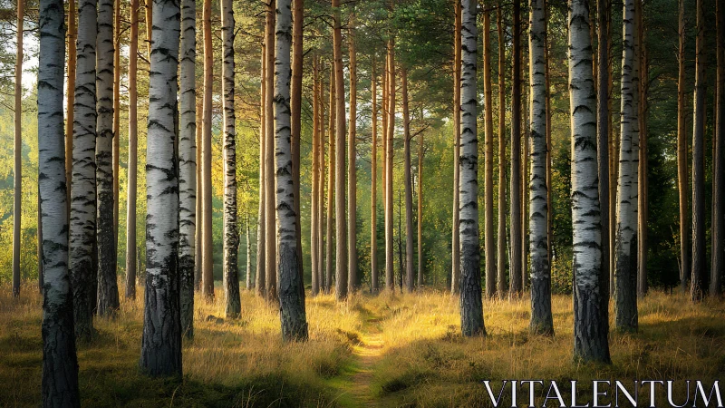 Birch Forest Corridor: Geometric Rhythm Through Dense Boreal Woodland.