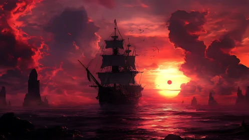 Crimson sunset voyage with a lone sailing ship at sea.