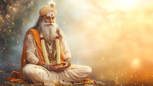 Elderly sage in lotus pose under radiant bokeh-lit golden haze