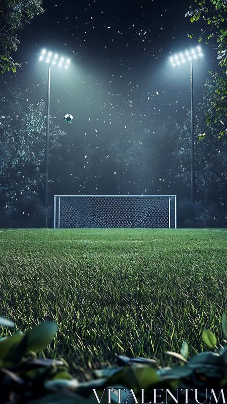 Soccer goal under stadium floodlights on empty night field