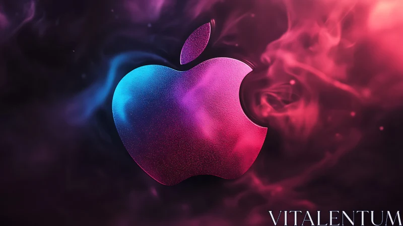 Metallic fruit-shaped logo with neon smoke background.