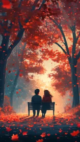 Couple on Bench Beneath Autumn Canopy at Sunset