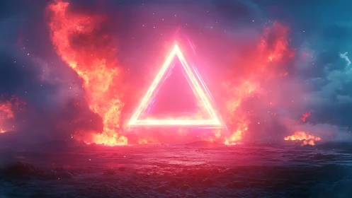 Neon Triangle Portal Glows in Fiery Cosmic Landscape