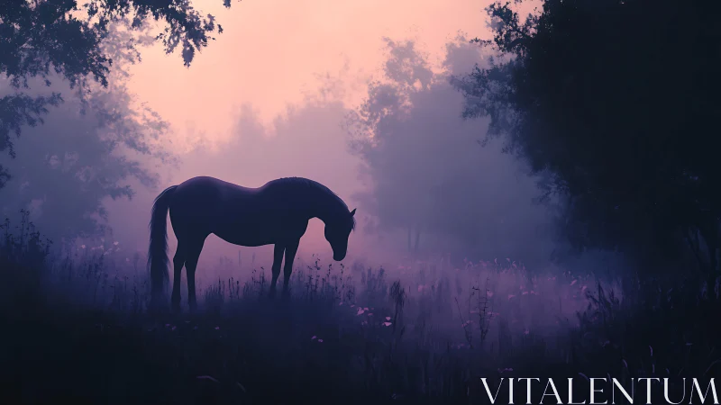 Silhouetted horse stands in misty forest at dawn light