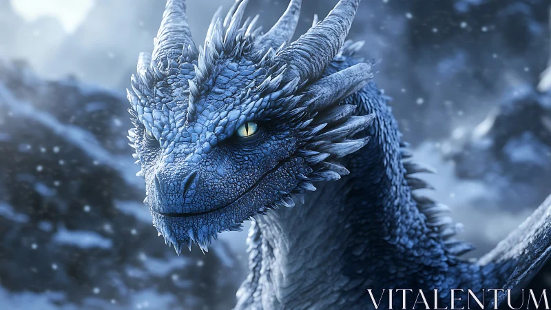 Blue-scaled dragon in snowy mountain environment profile.