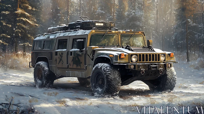 Military SUV parked in snowy forest with winter gear.