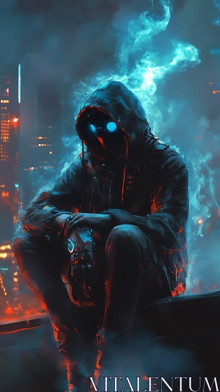 Hooded cyberpunk sentinel broods in neon-soaked city haze