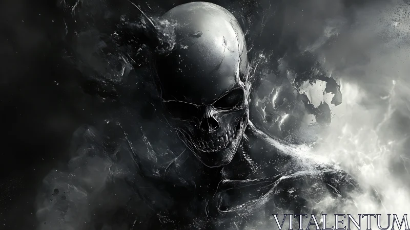 Dark skeletal entity emerges from swirling monochrome void.