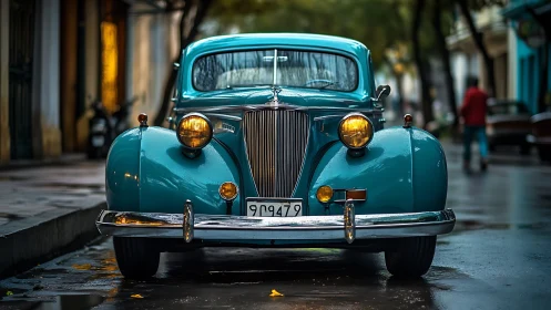 Vintage teal sedan stands parked on a wet city street