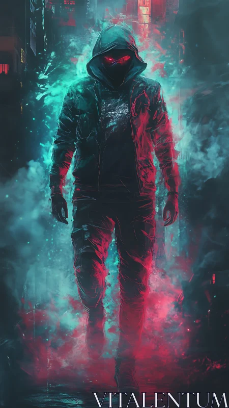 Hooded cyber figure walks through bicolored neon particulate fog