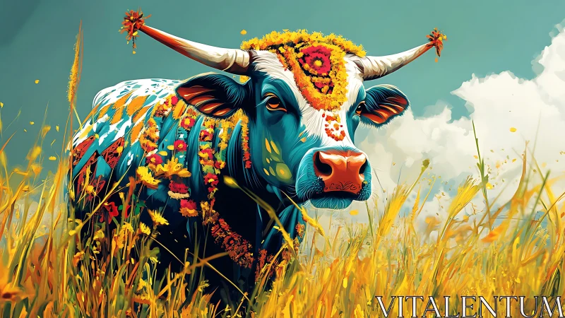 Floral painted cow strides through golden summer meadow