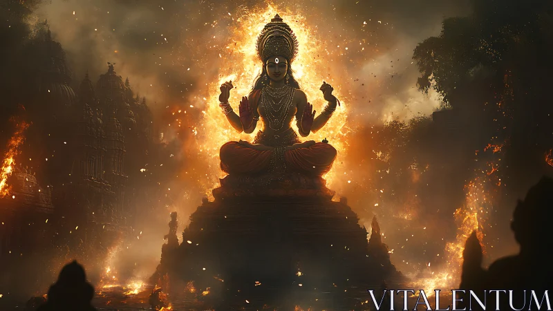 Radiant temple guardian seated within swirling sacred fire.