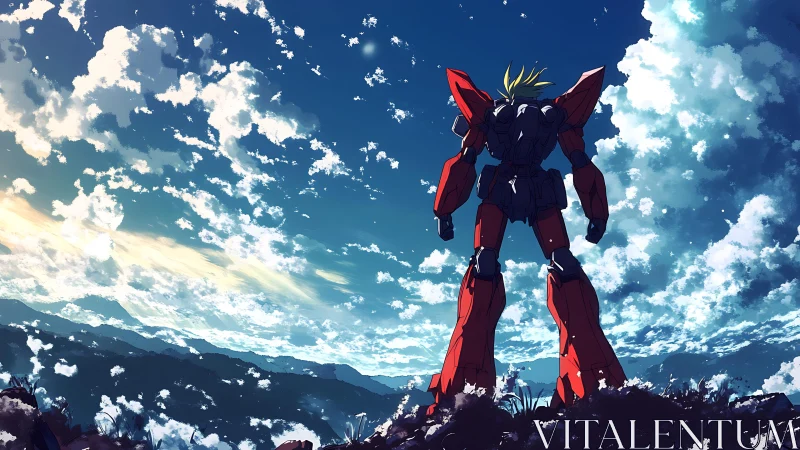 Sunlit red mecha gazing toward an open, cloud-bright sky.