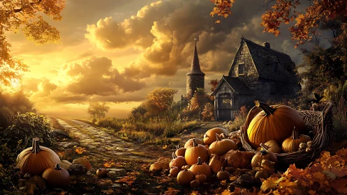 Cinematic digital autumn landscape with pumpkins and cottage.