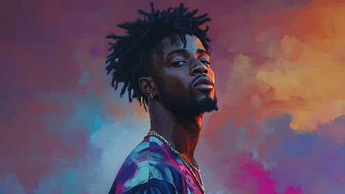 Confident young man painted against vivid sunset clouds