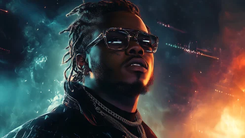 Neon smoke crown around a midnight urban hitmaker hero.