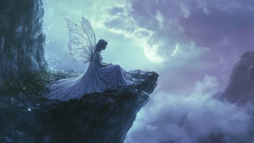 Moonlit fairy resting on a misty cliff in gentle twilight.