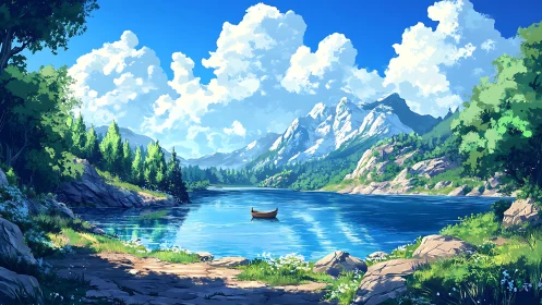 Solitary wooden boat rests on clear alpine lake beneath clouds