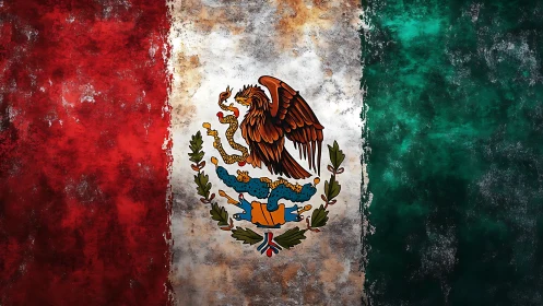 Mexican flag with worn texture and detailed central emblem