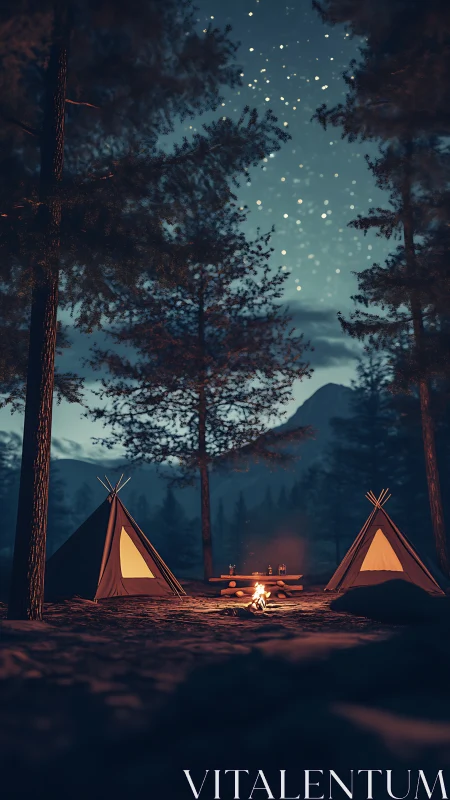 Cinematic night forest camp with tents and starlit sky framing.
