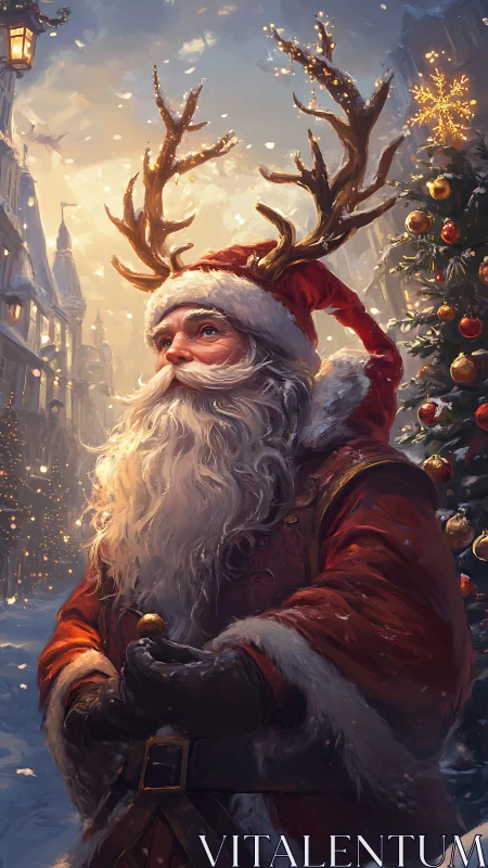 Antler-Crowned Santa in a Snowy, Storybook Christmas Street.
