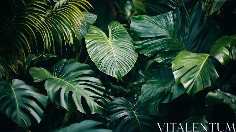 Tropical foliage study with glossy overlapping leaf forms.