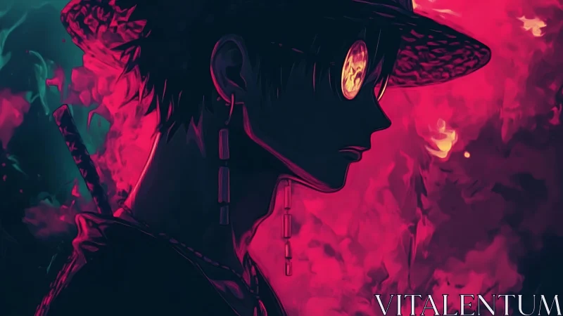 Samurai silhouette in neon magenta inferno with glowing eyes.