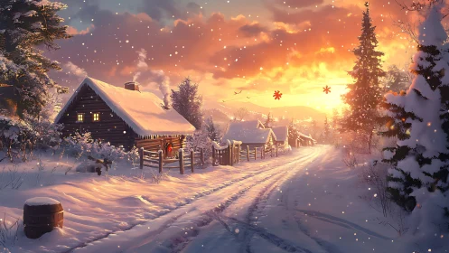 Snow-covered log cabins at winter sunset on rural lane