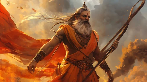 Wise warrior sage walking through swirling sunset fire.