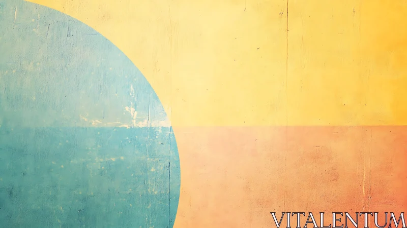 Muted geometric mural balances pastel circle and bands.