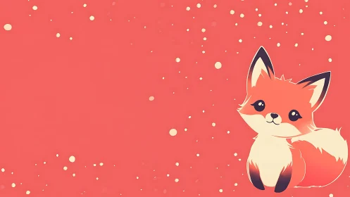 Playful coral fox illustration with soft snowfall backdrop.