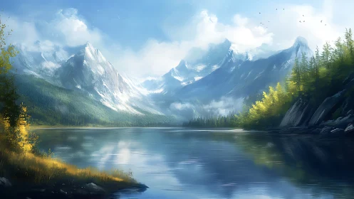 Mountain lake landscape under clear blue morning sky.