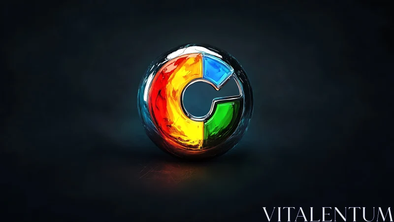 Chromed circular logo glows with vivid primary colors.