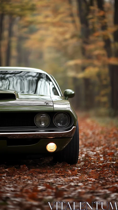 Classic green muscle car pausing on a quiet autumn forest road.
