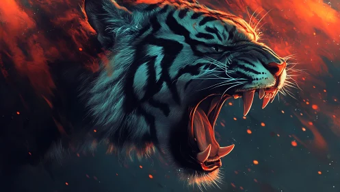 Roaring tiger head in dynamic ember-lit digital composition