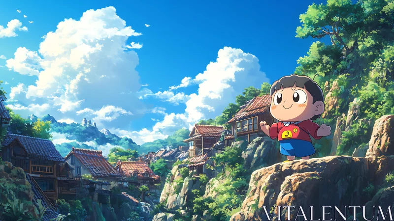 Cartoon child on cliff above traditional hillside village.