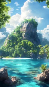 Verdant limestone tower rises from crystalline turquoise lagoon.