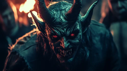 Demonic horned creature snarls under torchlit night glow