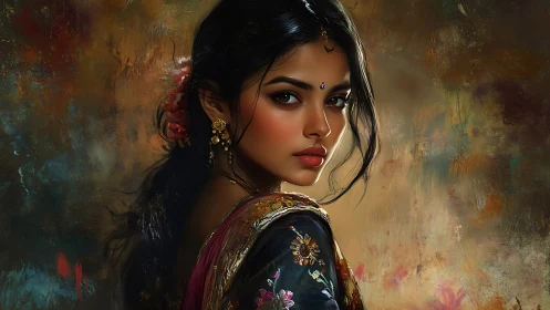 Portrait of an elegant woman in jeweled traditional attire.