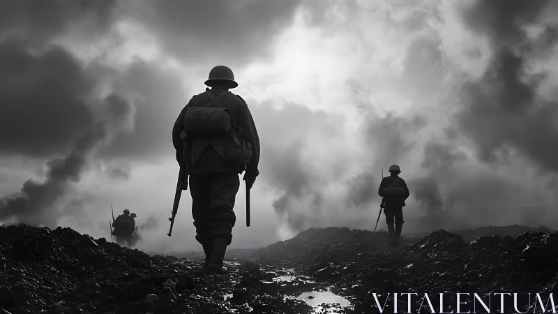 World War I soldiers advance through smoke-shrouded battlefield.