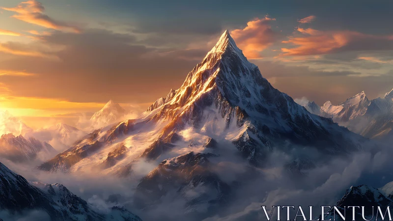Sunlit summit rising above dreamy golden mountain mist.
