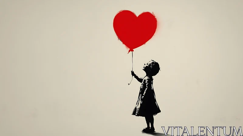 Silhouetted child figure holding red heart balloon against neutral background