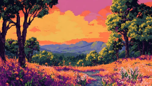 Pixel landscape with sunset sky over distant mountains.