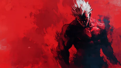 Monochrome red inferno with white haired muscular figure emerging