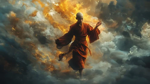 Monk in orange robes walks through dense illuminated clouds