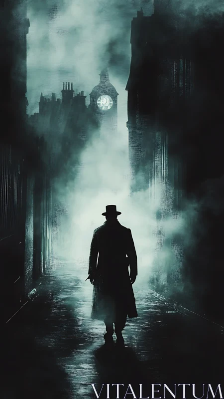 Silhouetted stranger walks foggy Victorian alley at night