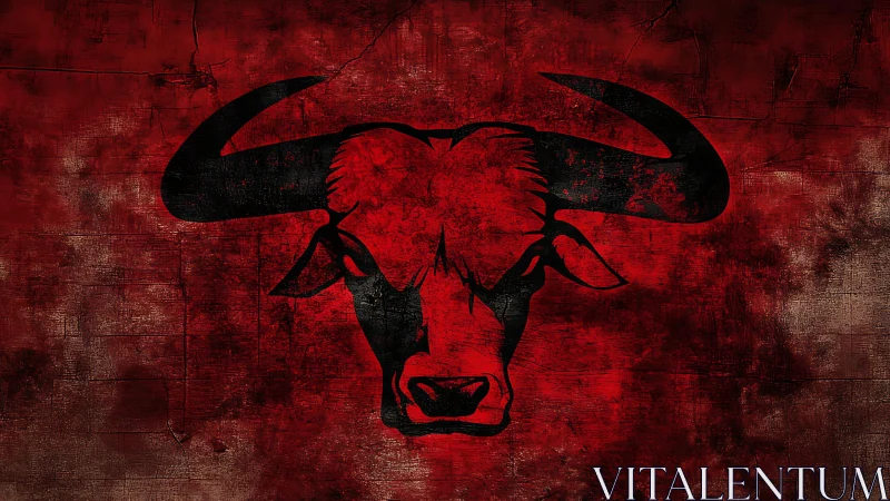 Bold black bull head emblem on distressed red wall art