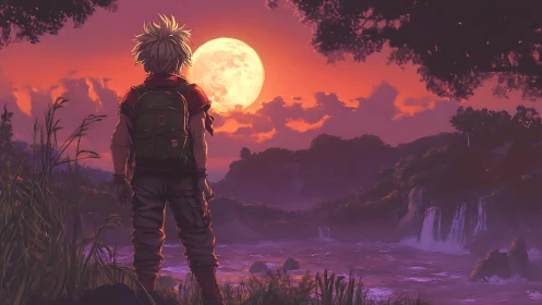 Backlit hiker studies supermoon over river valley at dusk