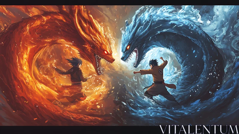 Elemental ninja duel commands roaring fire and water beasts.