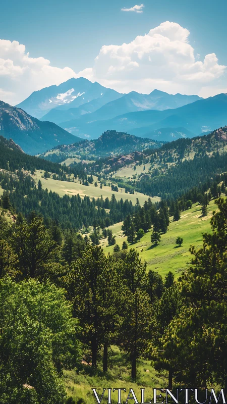 Mountain valley with forested slopes under clear sky.